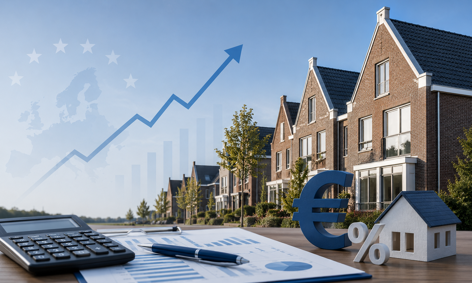 Een straat met woningen met daarvoor een rekenmachine, aantekeningen en zichtbare verhoging door de ECB.