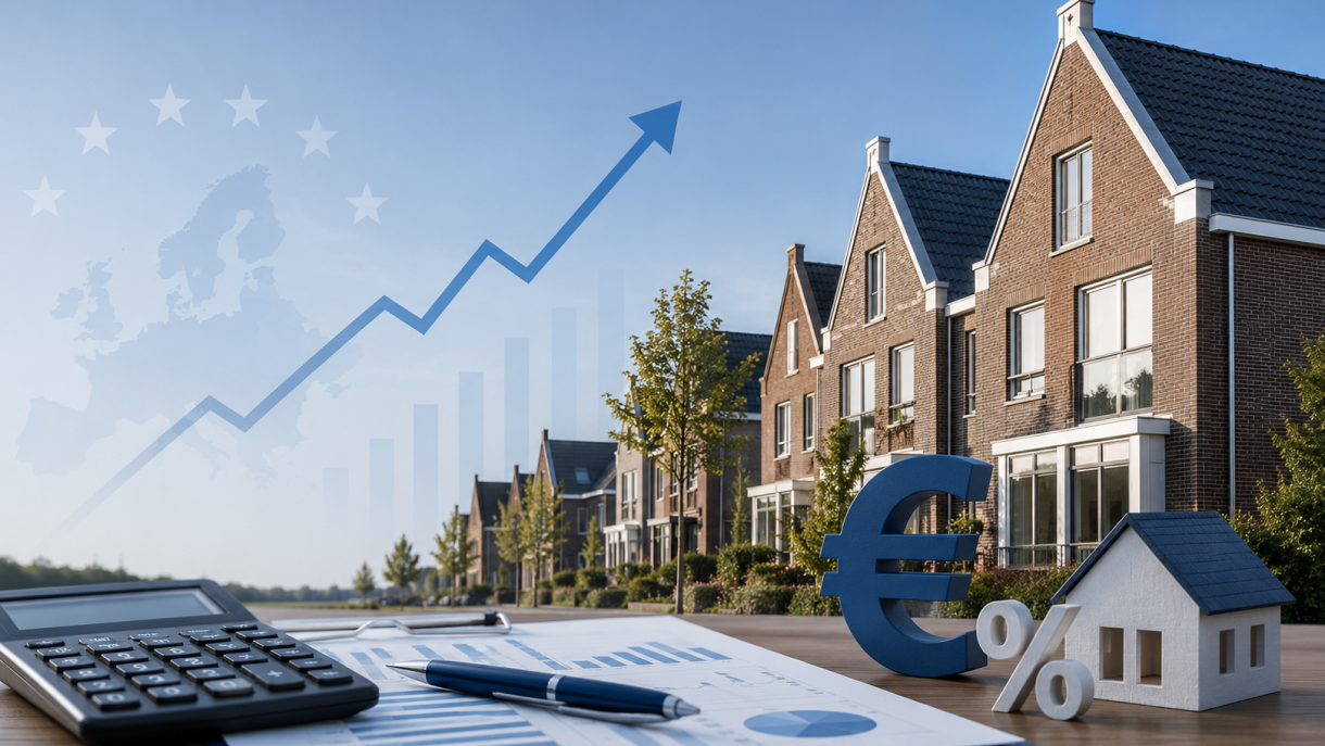 Een straat met woningen met daarvoor een rekenmachine, aantekeningen en zichtbare verhoging door de ECB.