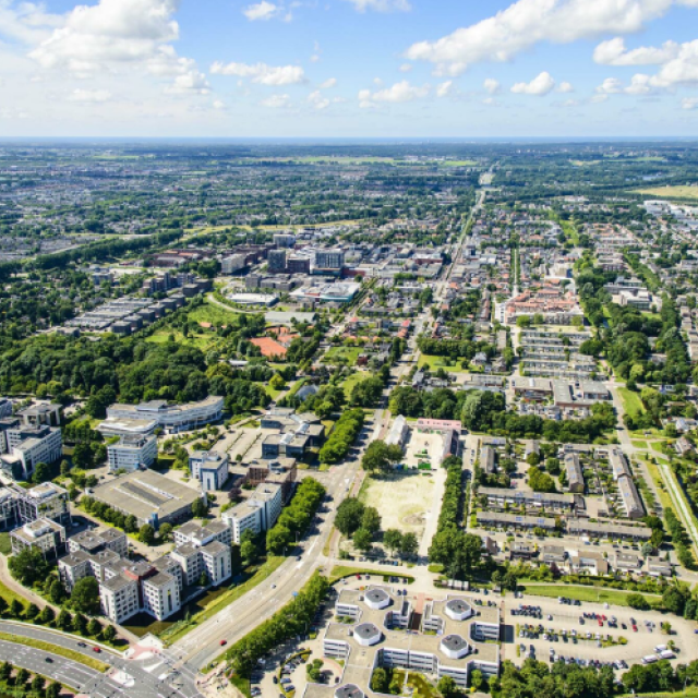 Overview op stedelijk gebied met veel groen.